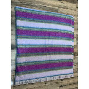 VTG Twin Green Purple Stripe Waffle Weave Thermal Knit Purple Silk / Satin Edge